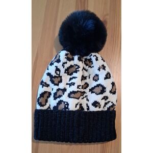 Leopard Chenille Beanie Hat Faux Fur Pom Pom Cozy Animal Print Winter